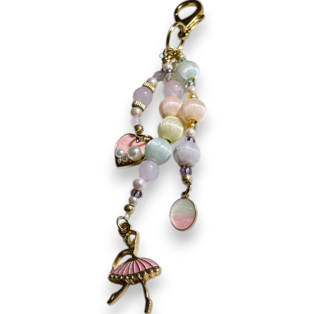 Ballerina Bag Charm Pink Heart Pastel Beaded Keychain